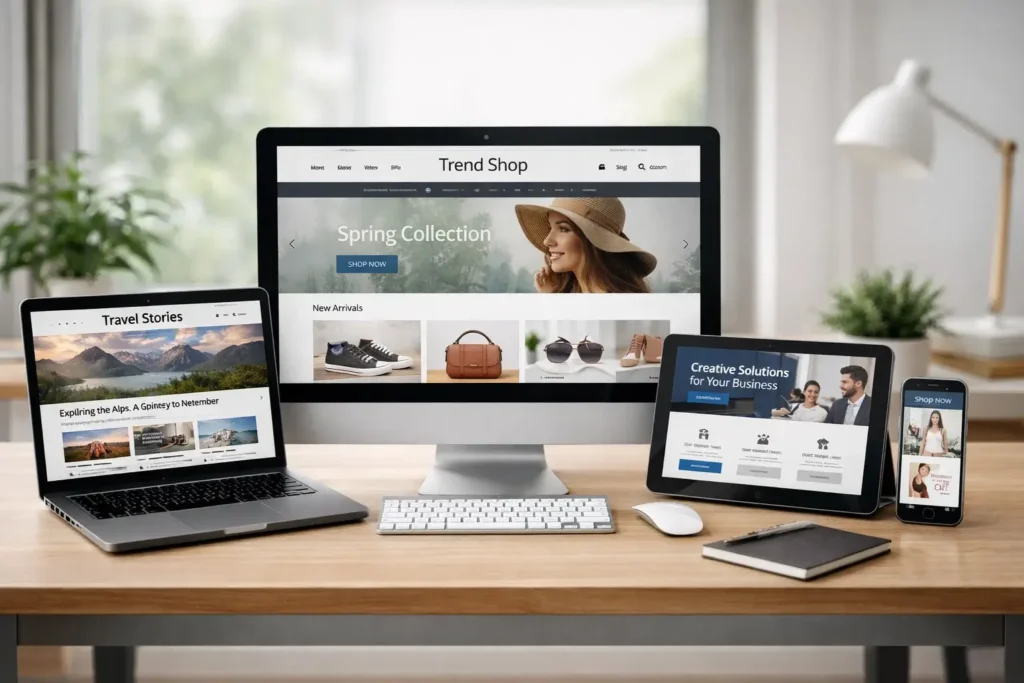 Comparison of WordPress themes on desktop tablet and mobile with different website layouts