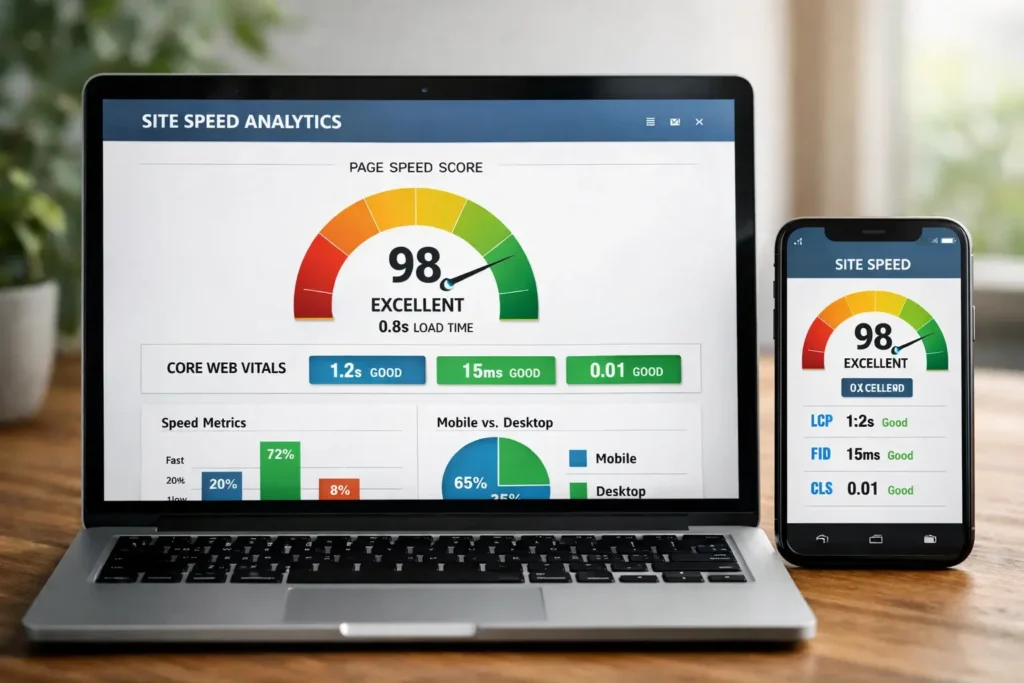 Fast WordPress theme performance with Core Web Vitals metrics on laptop and mobile screen