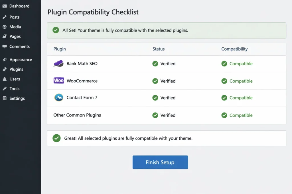 multipurpose wordpress theme plugin compatibility woocommerce seo rank math contact form check