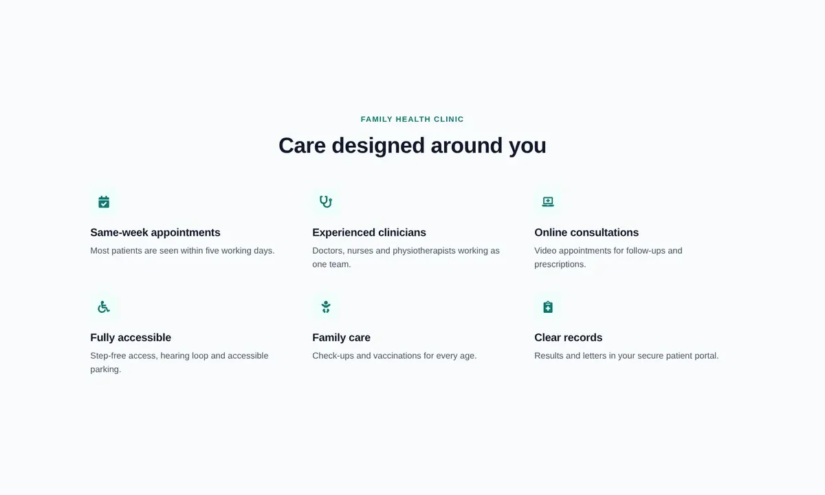 Desktop preview of the Borderless icon feature grid Elementor template