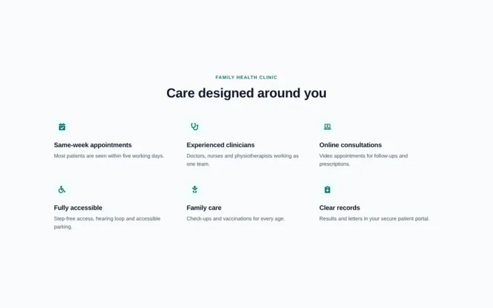Desktop preview of the Borderless icon feature grid Elementor template