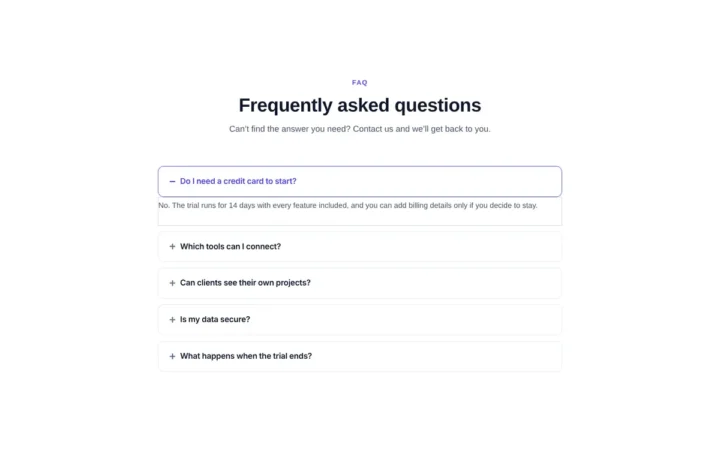 Desktop preview of the Centred FAQ accordion Elementor template