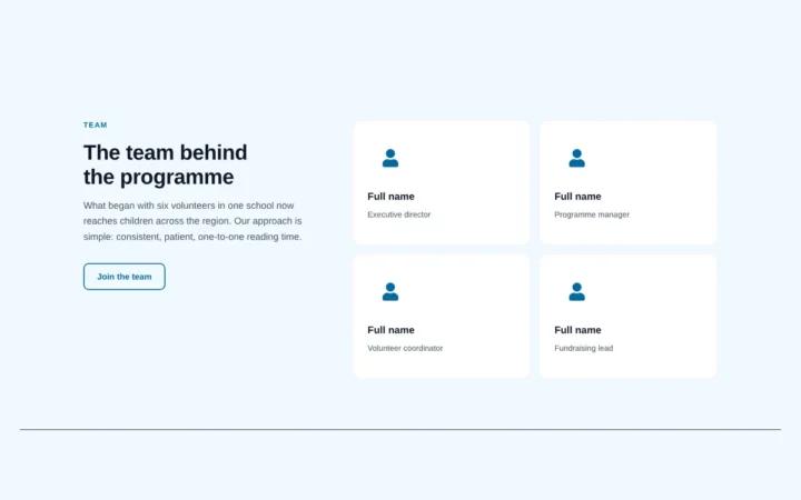 Desktop preview of the Charity team split Elementor template