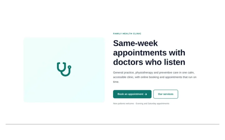 Desktop preview of the Clinic hero with appointment buttons Elementor template