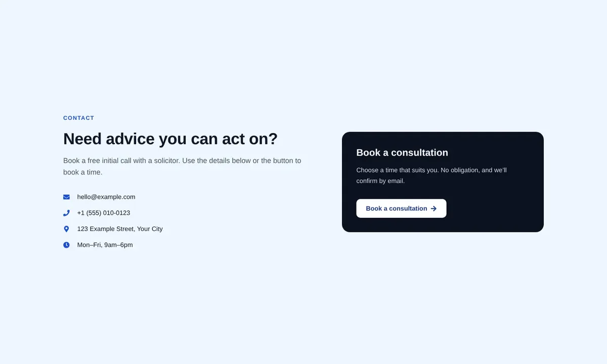 Desktop preview of the Consultation contact split Elementor template