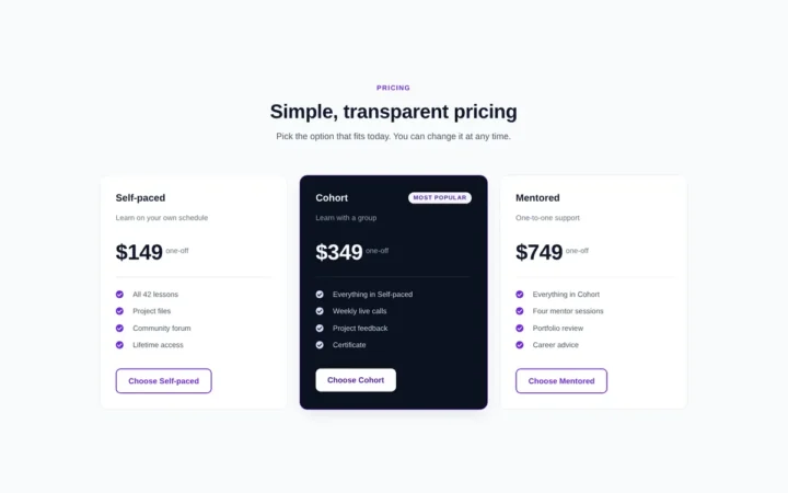 Desktop preview of the Course pricing with highlighted plan Elementor template