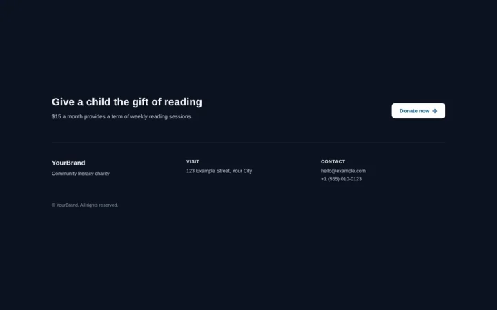 Desktop preview of the Dark footer with call to action Elementor template