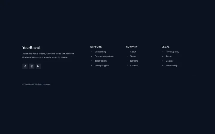 Desktop preview of the Dark four-column footer Elementor template