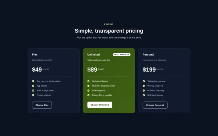 Desktop preview of the Dark membership pricing Elementor template