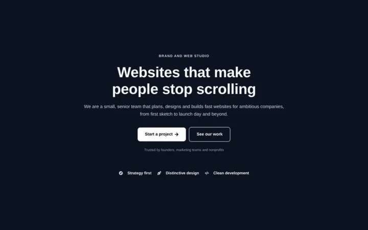 Desktop preview of the Dark studio hero with service highlights Elementor template