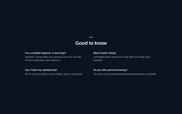 Desktop preview of the Dark two-column Q&A Elementor template