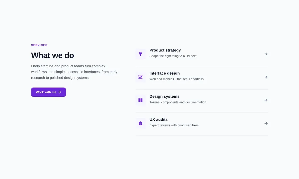 Desktop preview of the Design services list Elementor template