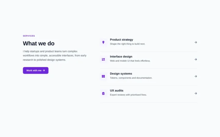 Desktop preview of the Design services list Elementor template