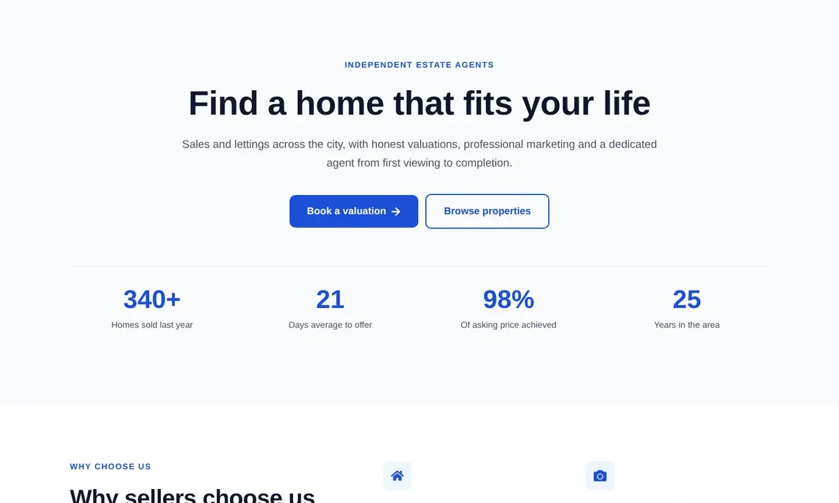 Desktop preview of the Estate agent home page Elementor template