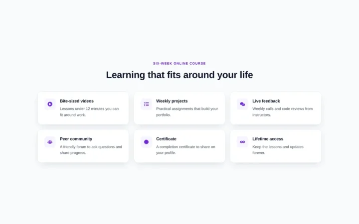 Desktop preview of the Feature cards with inline icons Elementor template