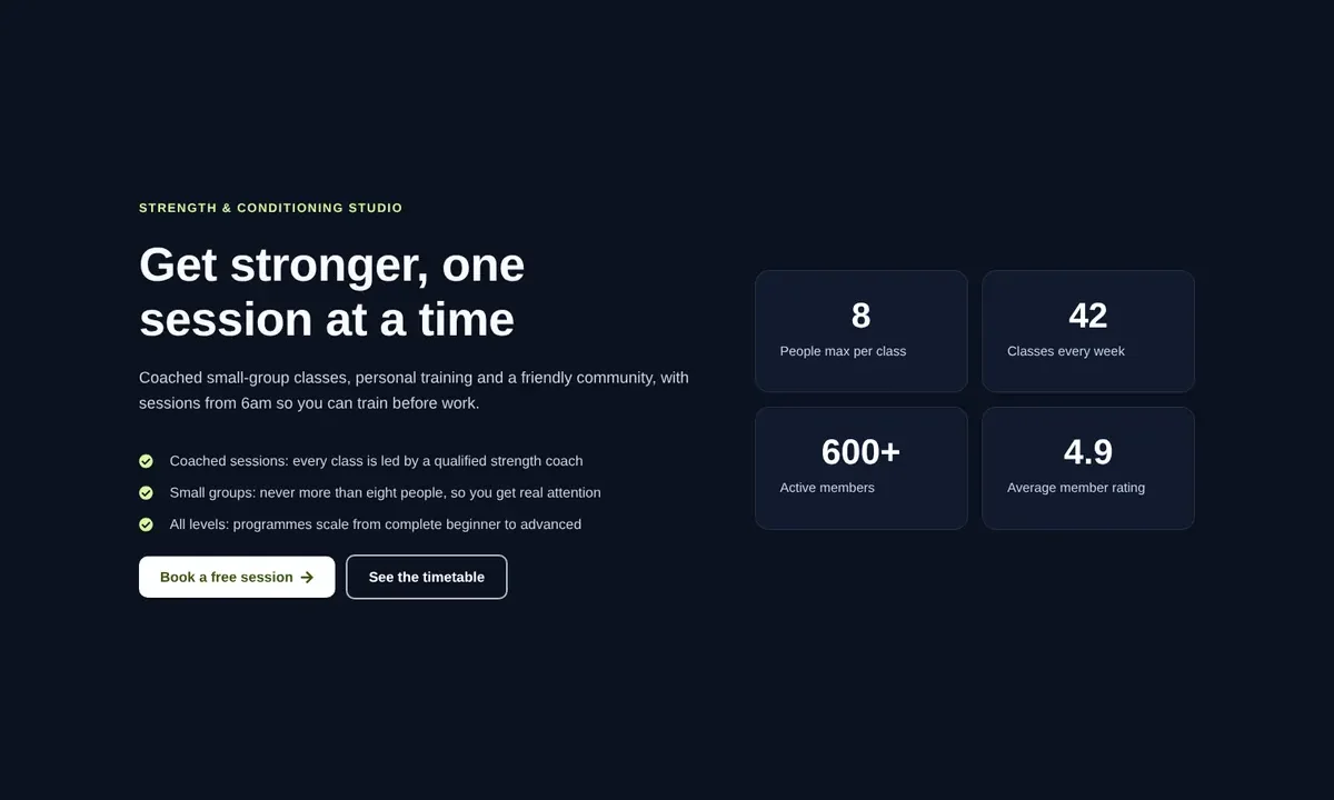 Desktop preview of the Fitness hero with membership stats Elementor template