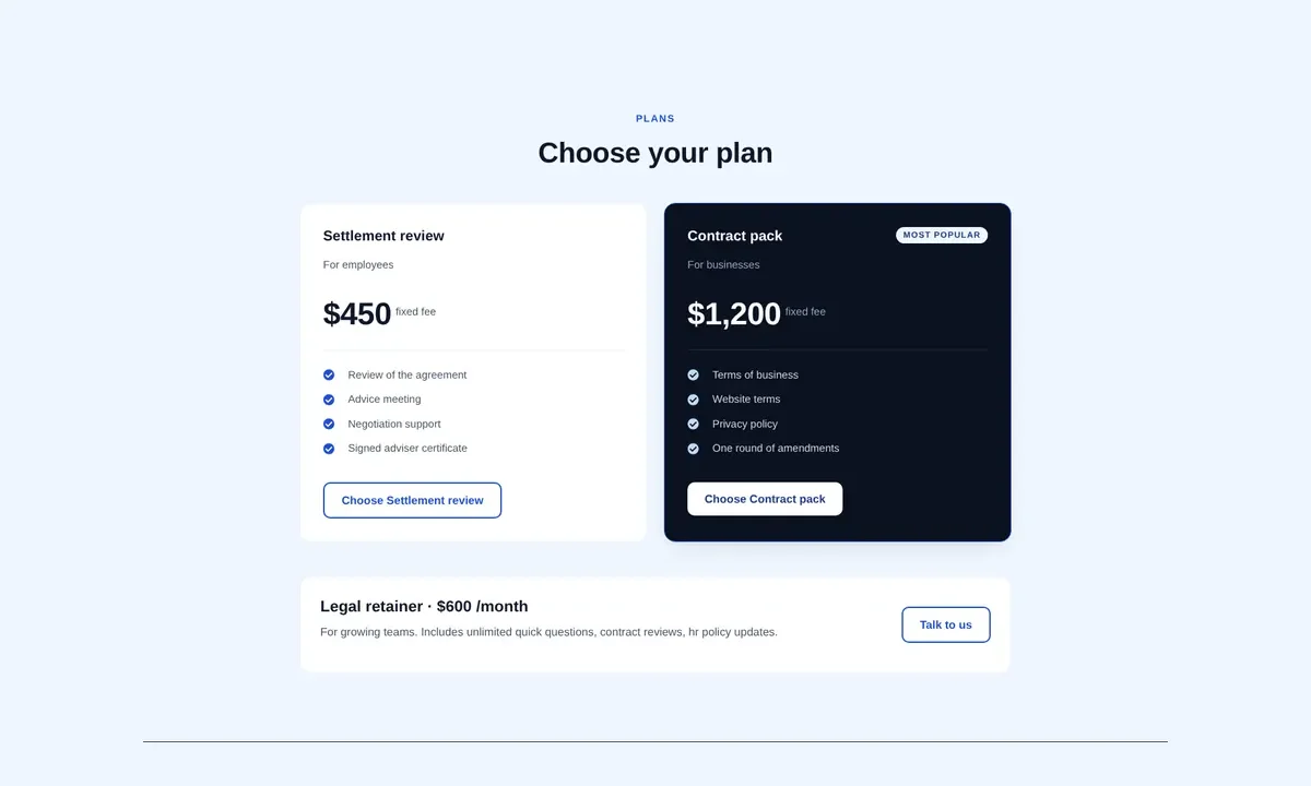 Desktop preview of the Fixed-fee packages with retainer Elementor template