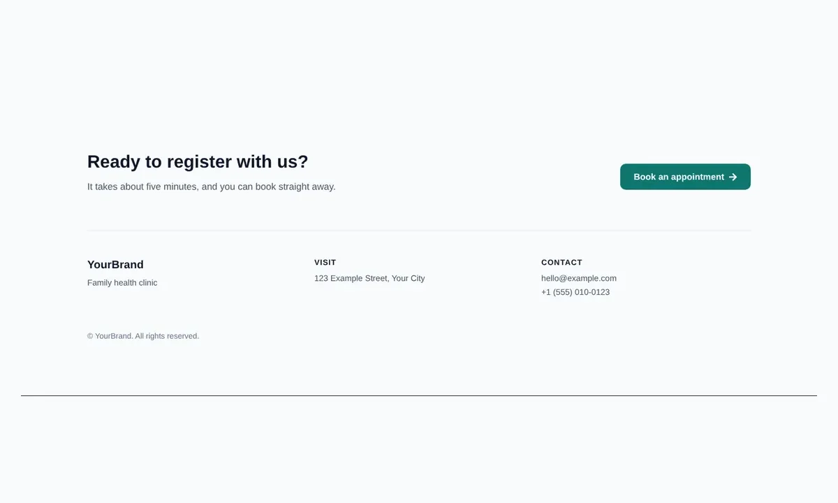 Desktop preview of the Footer with call to action Elementor template