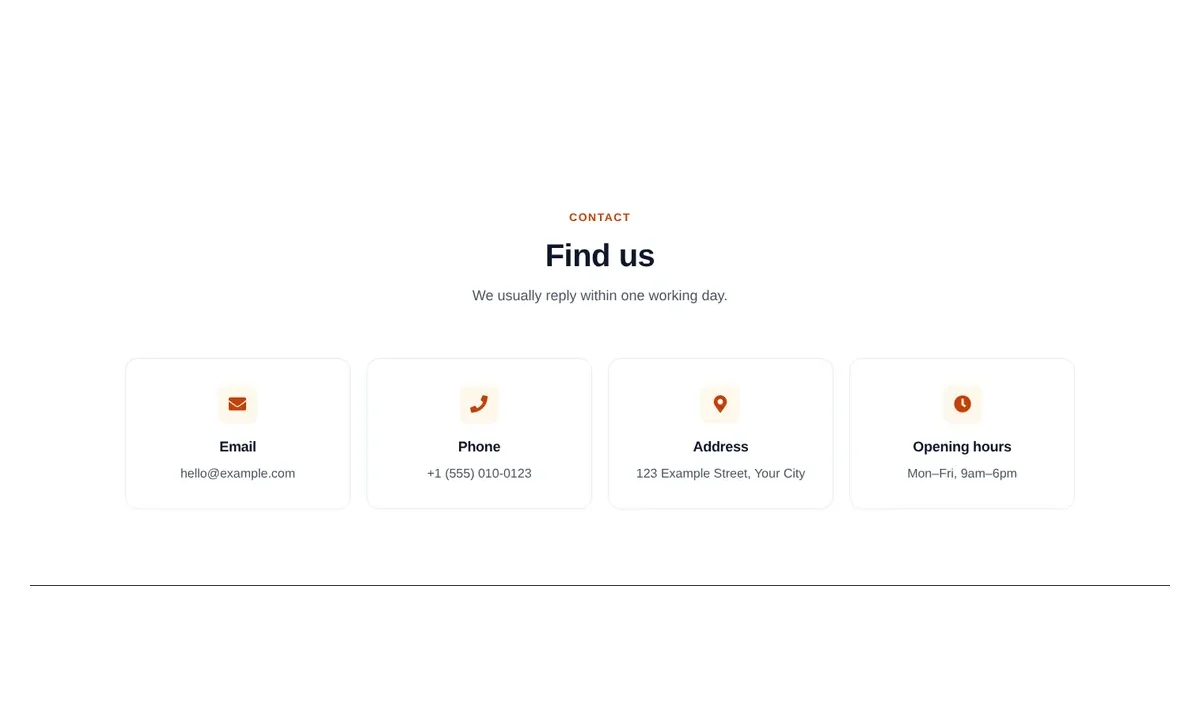 Desktop preview of the Four contact cards Elementor template