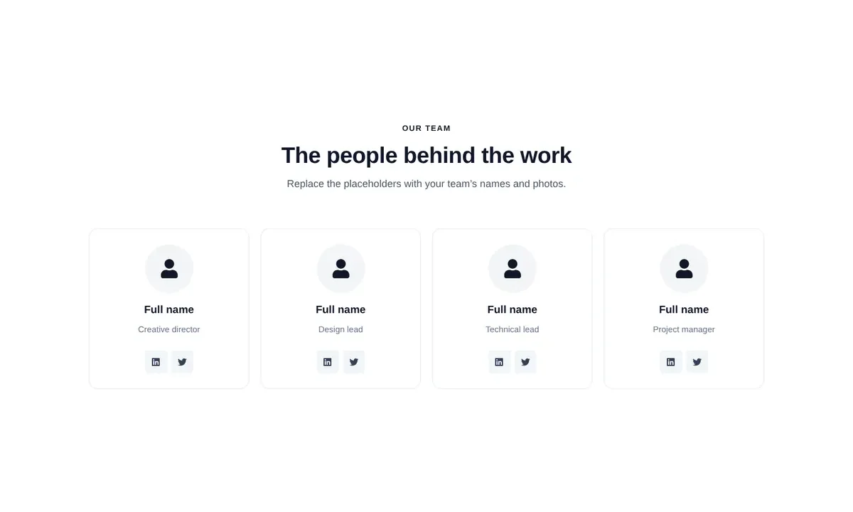 Desktop preview of the Four-person team grid Elementor template