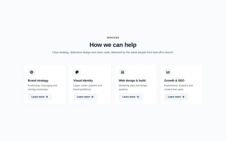 Desktop preview of the Four service cards Elementor template