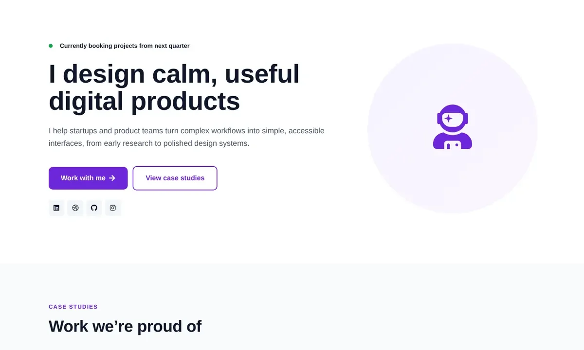 Desktop preview of the Freelance designer portfolio Elementor template
