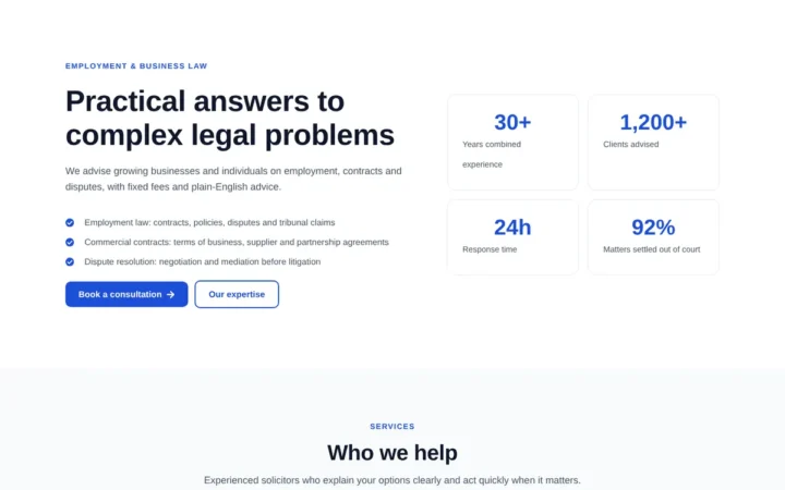 Desktop preview of the Law firm home page Elementor template