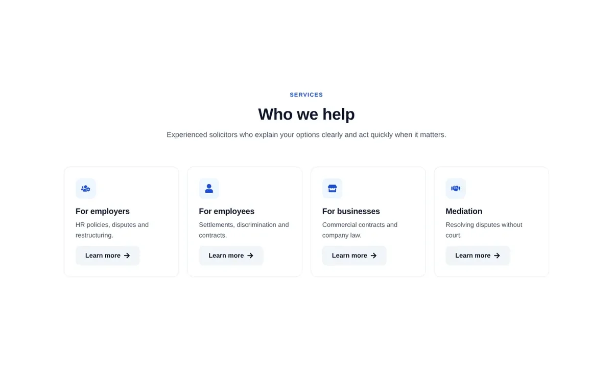 Desktop preview of the Legal services cards Elementor template