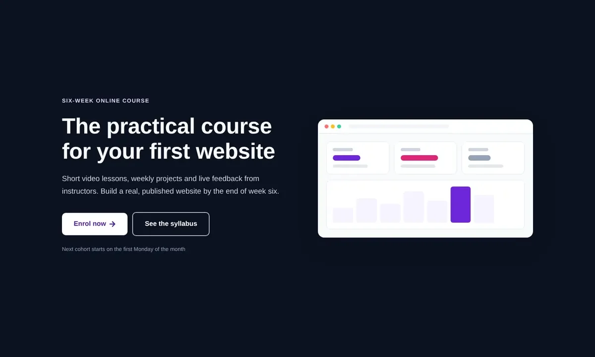 Desktop preview of the Online course hero, dark split layout Elementor template