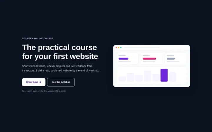 Desktop preview of the Online course hero, dark split layout Elementor template