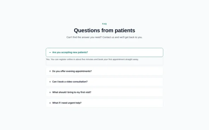 Desktop preview of the Patient FAQ accordion Elementor template