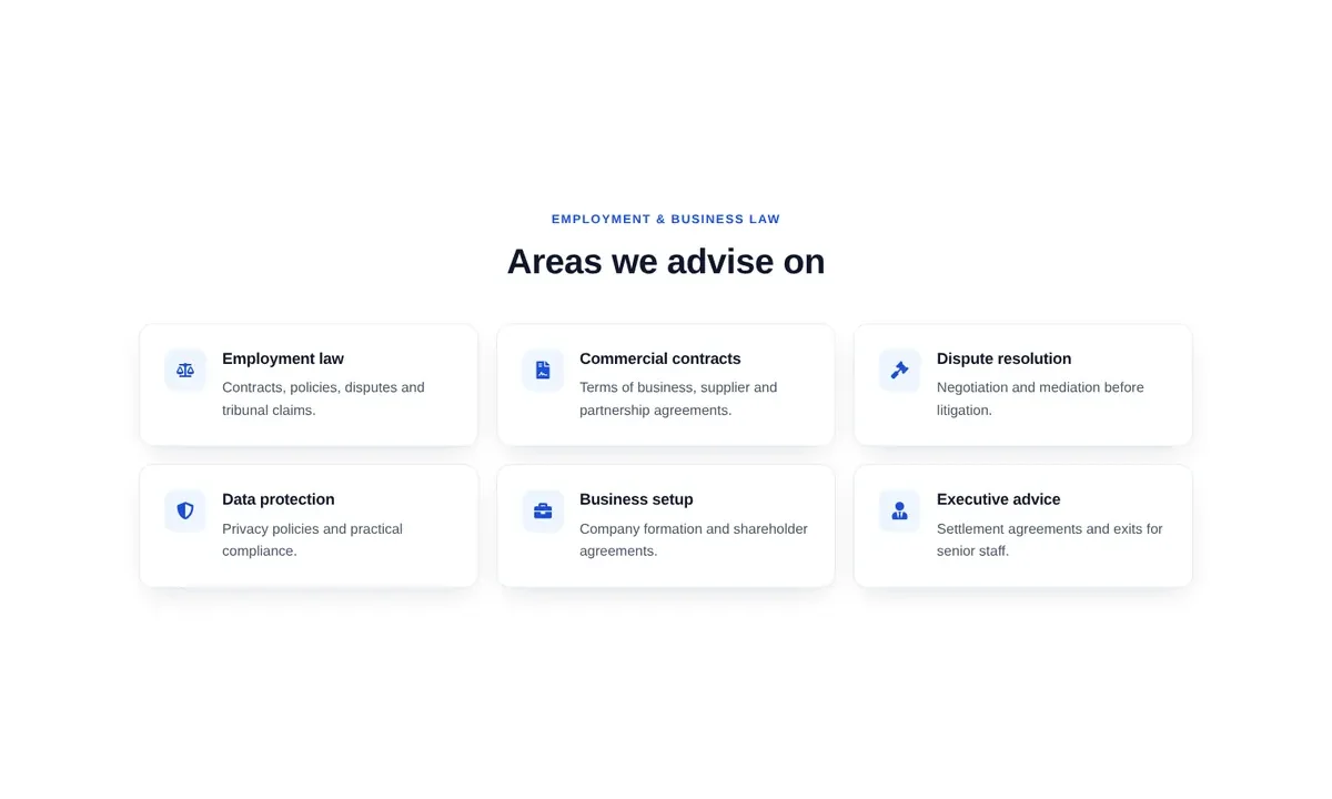 Desktop preview of the Practice areas as inline icon cards Elementor template