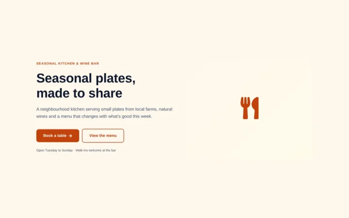 Desktop preview of the Restaurant hero with booking buttons Elementor template