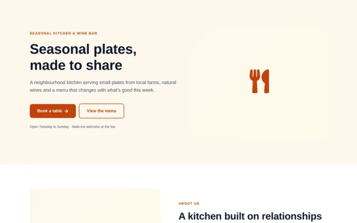 Desktop preview of the Restaurant home page Elementor template