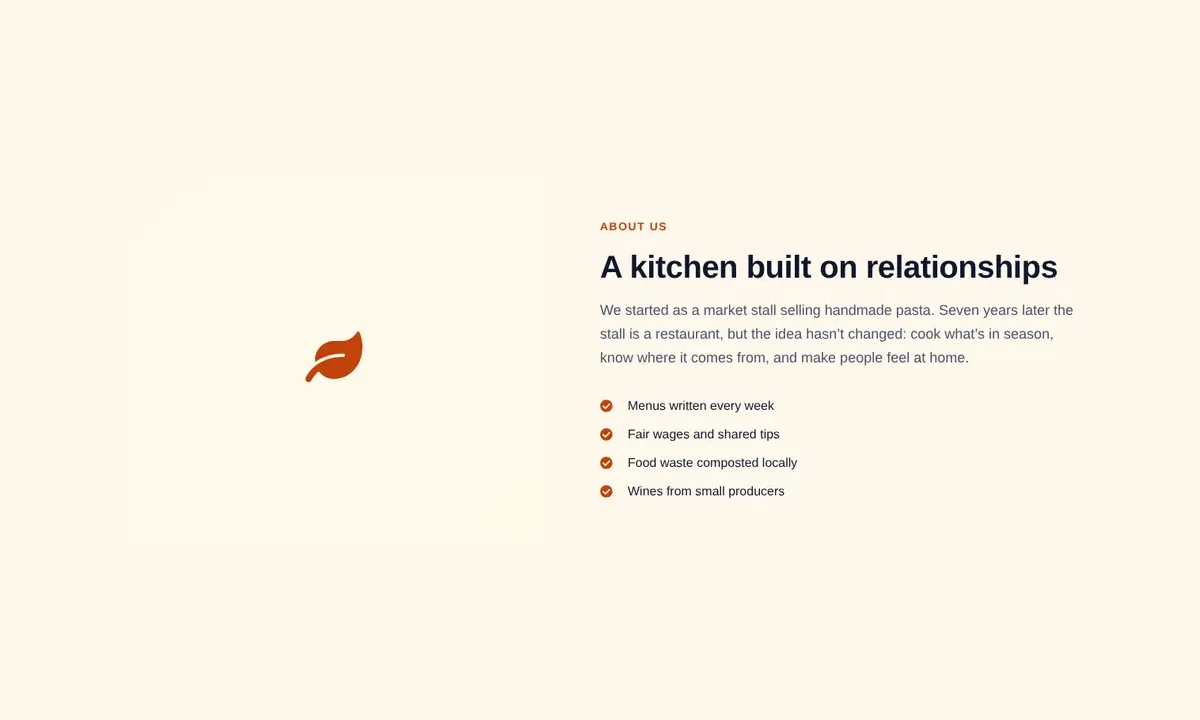 Desktop preview of the Restaurant story with visual Elementor template
