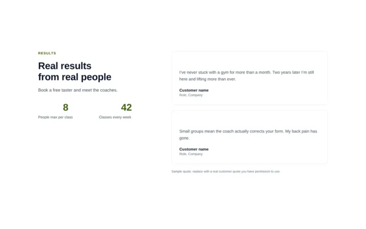 Desktop preview of the Results with stacked testimonials Elementor template