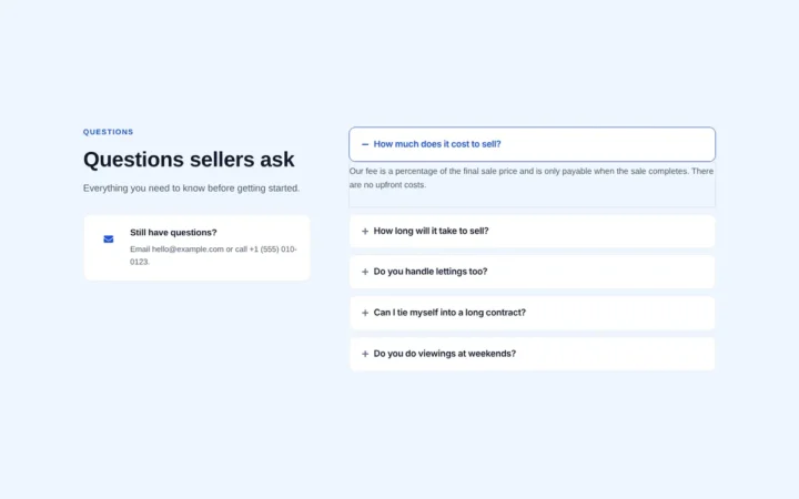 Desktop preview of the Seller FAQ with contact card Elementor template