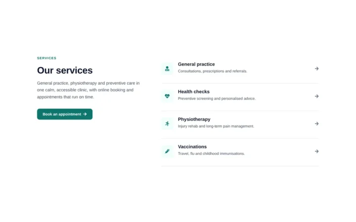 Desktop preview of the Services list with arrows Elementor template