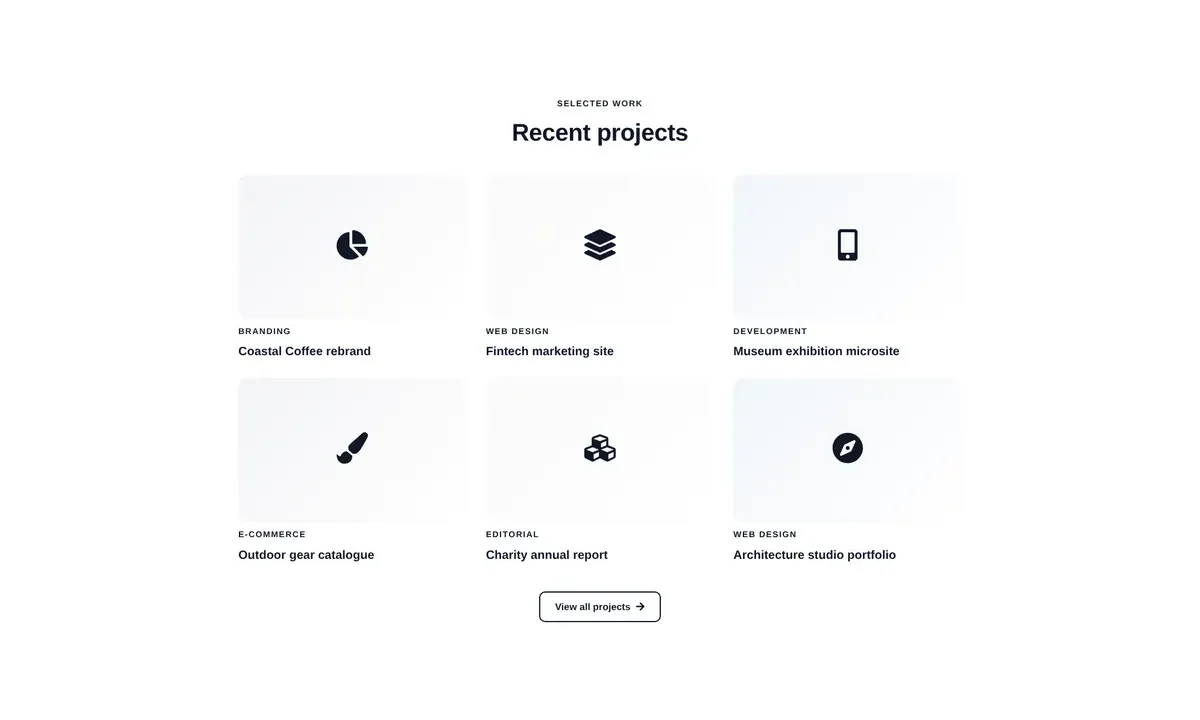 Desktop preview of the Six-project grid Elementor template