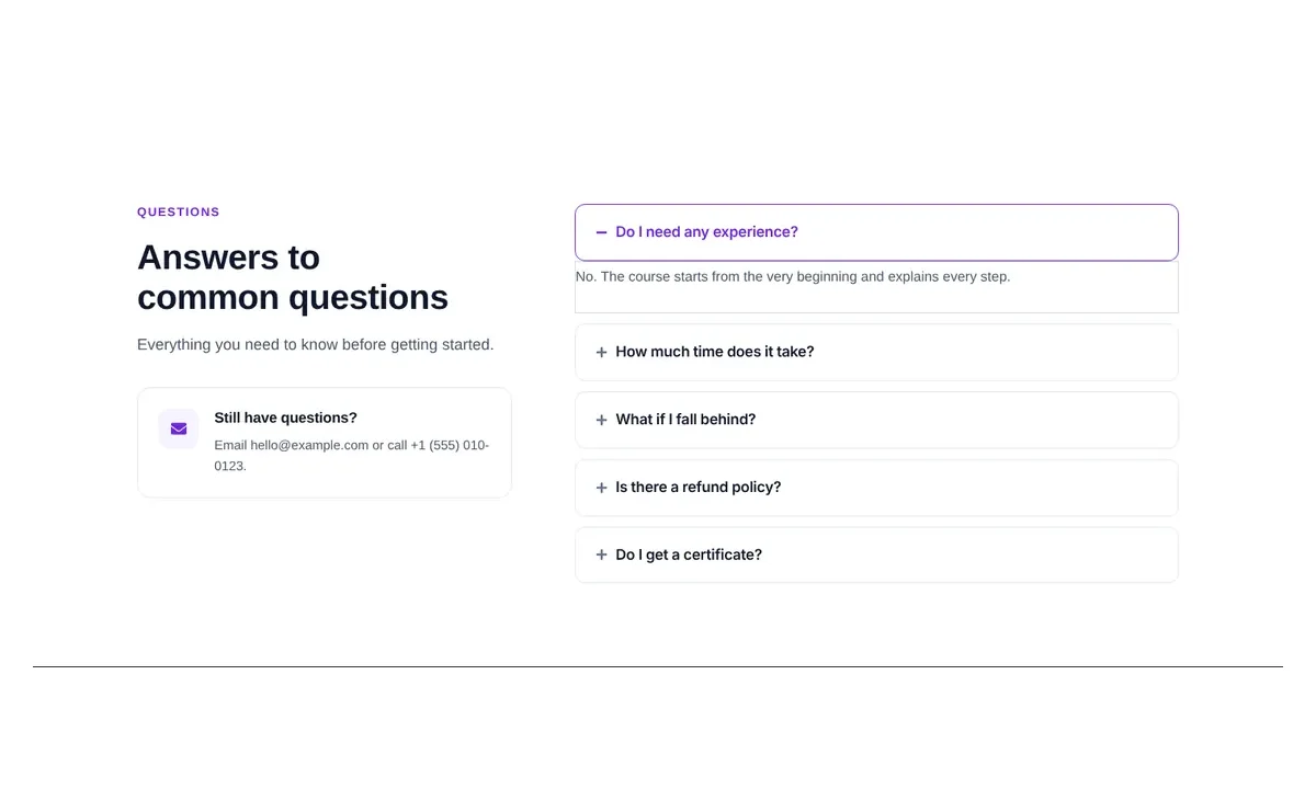 Desktop preview of the Split FAQ with contact card Elementor template