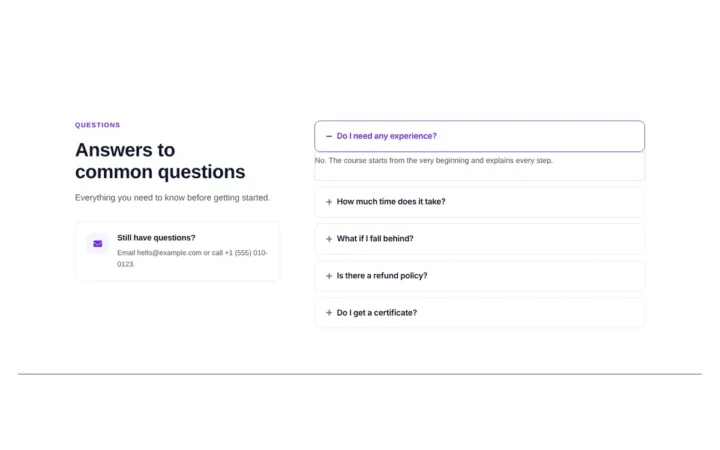Desktop preview of the Split FAQ with contact card Elementor template