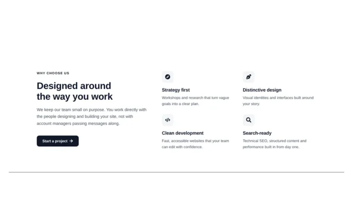 Desktop preview of the Split features with 2×2 icon grid Elementor template