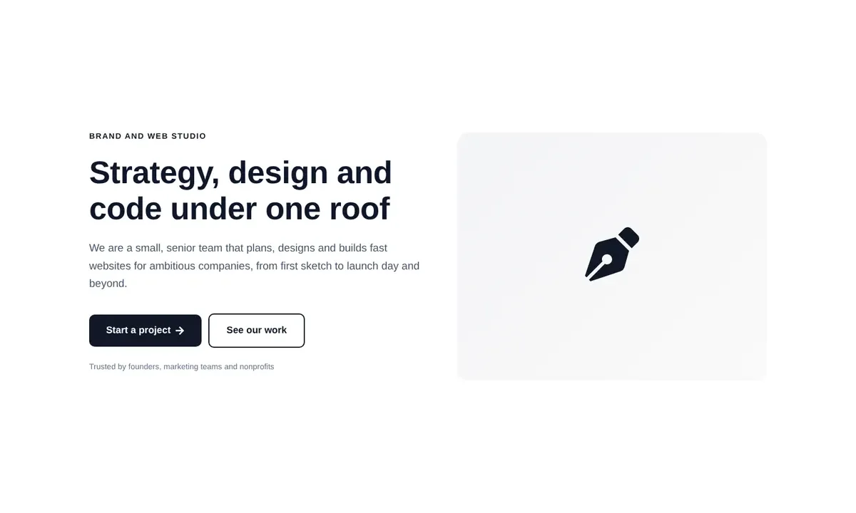 Desktop preview of the Studio hero with split layout Elementor template