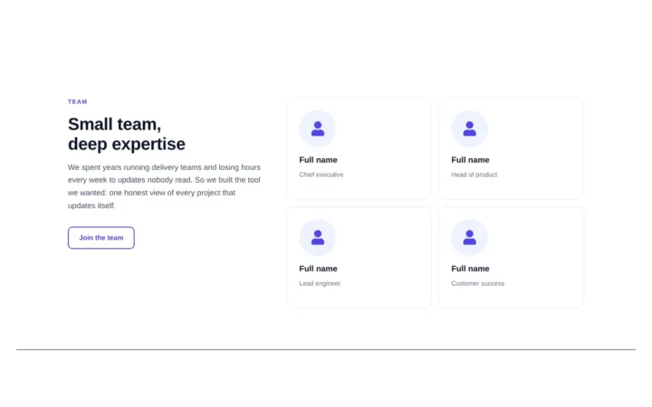 Desktop preview of the Team split with 2×2 cards Elementor template