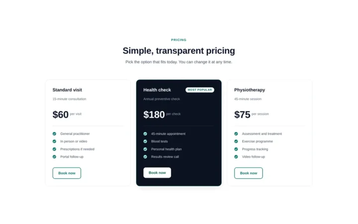 Desktop preview of the Treatment price list cards Elementor template