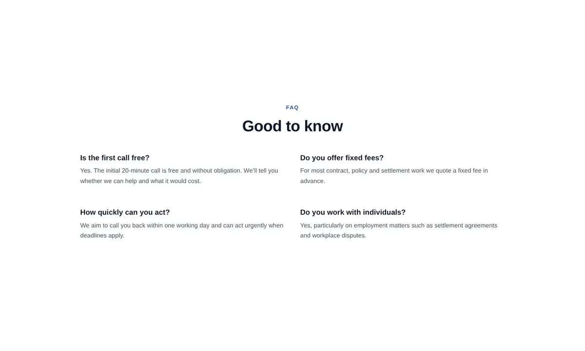 Desktop preview of the Two-column static Q&A Elementor template