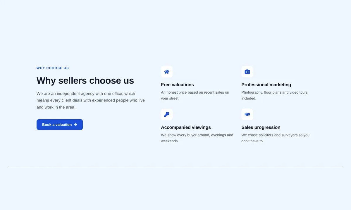 Desktop preview of the Why-choose-us split with icon grid Elementor template