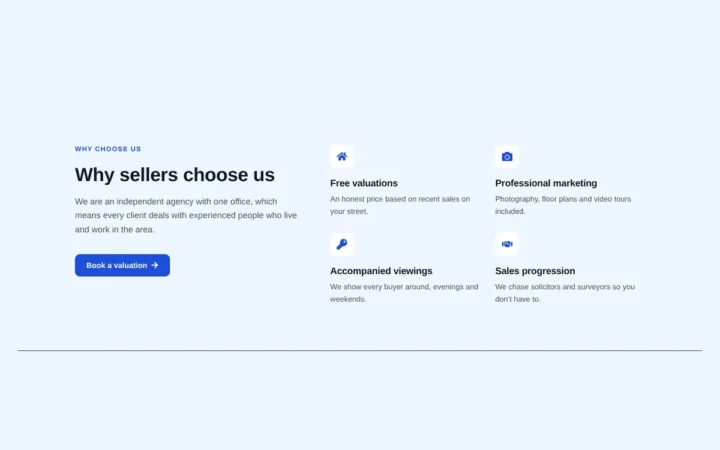 Desktop preview of the Why-choose-us split with icon grid Elementor template